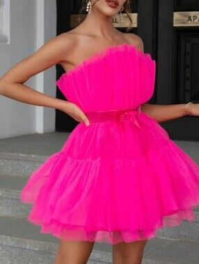 Nwot Strapless Hot Pink Tutu Style Ruched Bodice Cocktail/Prom Mini Dress